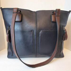 LoveVook Faux Leather Purse Navy & Brown Handbag Tote Multifunctional Bag